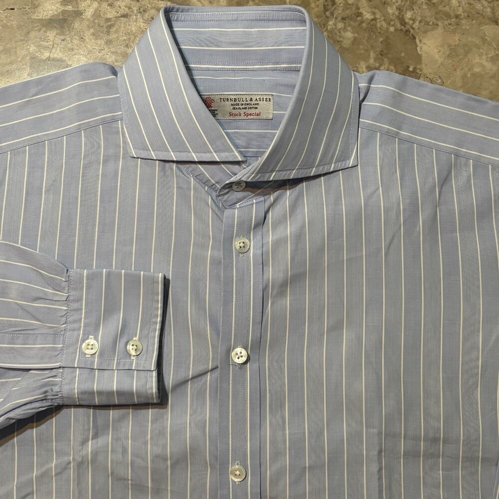 Turnbull & Asser Shirt Mens XL Blue Striped Sea Island Cotton Stock Special